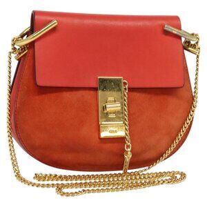 Authentic Chloe Chain Drew Shoulder Bag Suede Leather Red Gold